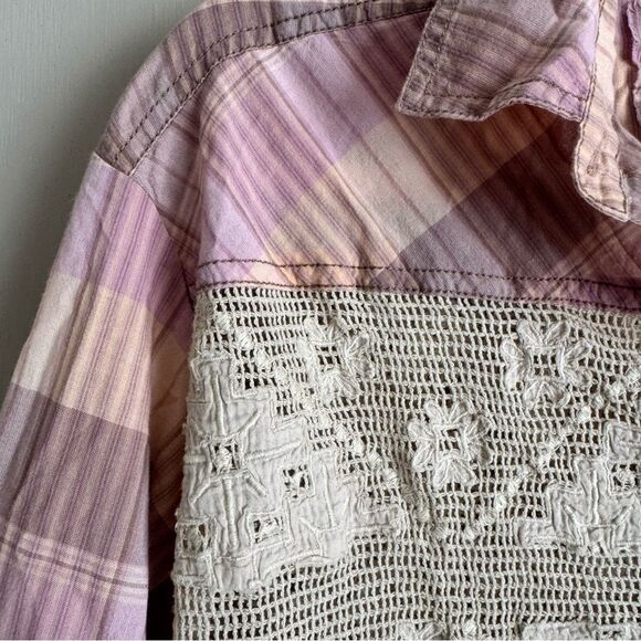Free People We the Free Double Cross Lace Pink Plaid Top - Picture 6 of 7
